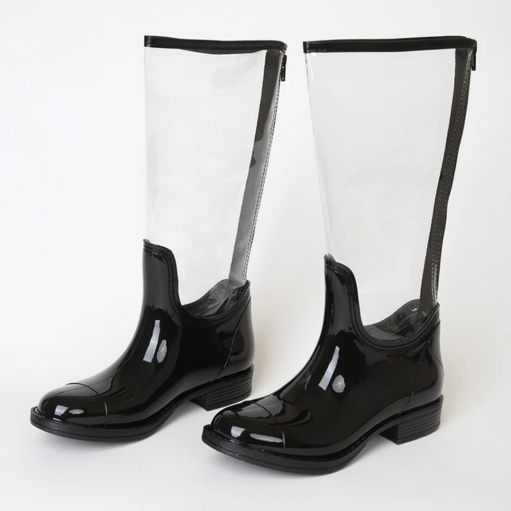 New Black and Clear Transparent Knee High Rain Boots